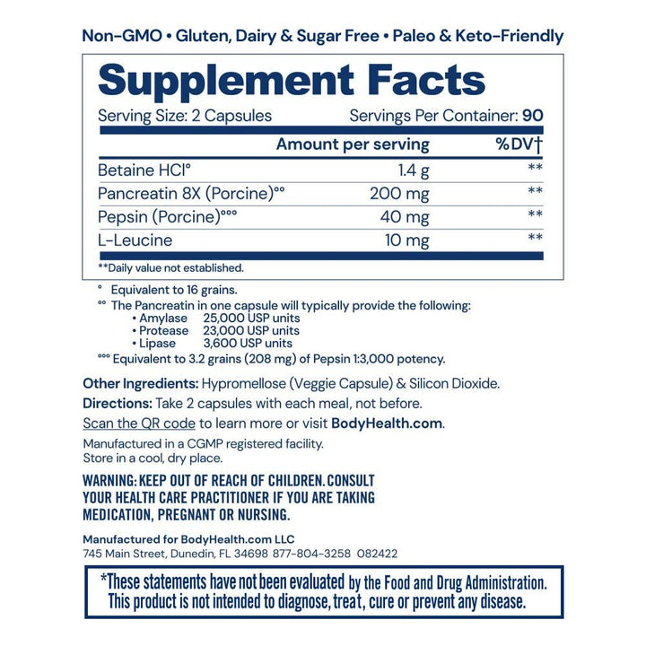 BodyHealth Digestive Enzymes Full Spectrum Digestive Support (180 caps), Betaine, Pepsin, Pancreatin BPP Loaded with Enzymes and Probiotics, Relief for Stomach Bloating, Heartburn, Gas, Constipation - Supplement Facts panel
