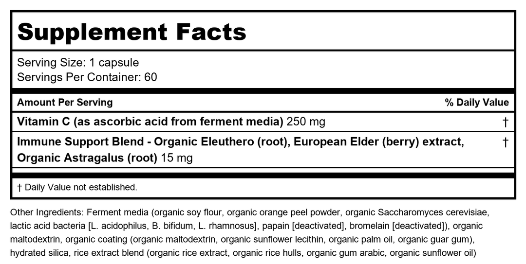 New Chapter Fermented Activated C Complex, Rich in Vitamin C for Immune Health, Collagen Protection + Adrenal Support, Made with Organic Herbs, Non-GMO, 60 Count - Supplement Facts panel