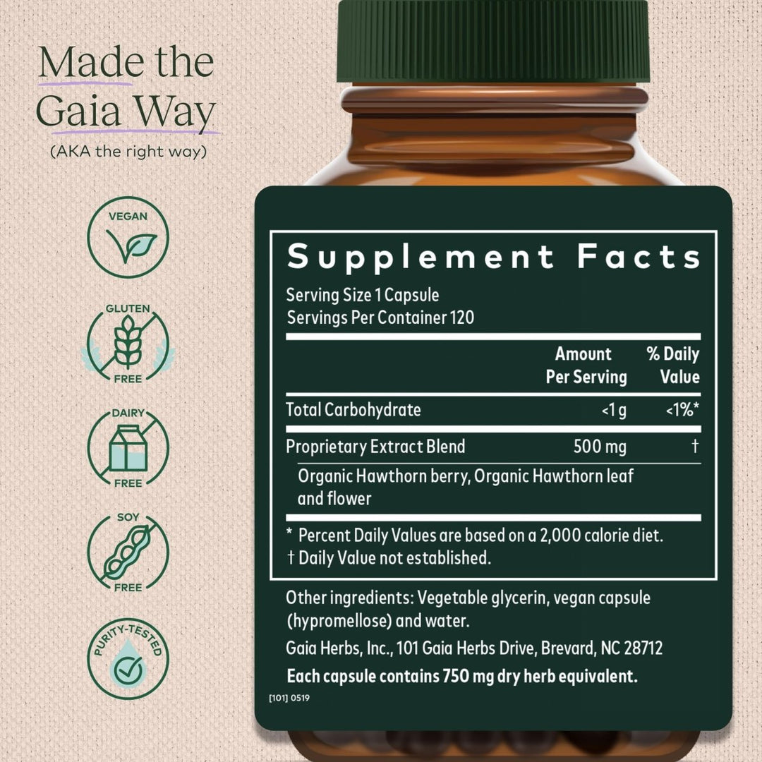 Gaia Herbs Hawthorn Supreme  120 Vegan Liquid Phyto-Capsules (60-Day Supply) - Supplement Facts panel