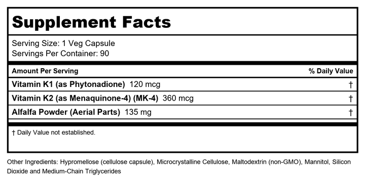 NOW Foods Supplements, MK-7 Plus with K1 &amp; MK-4, Supports Bone Health*, 90 Veg Capsules - Supplement Facts panel