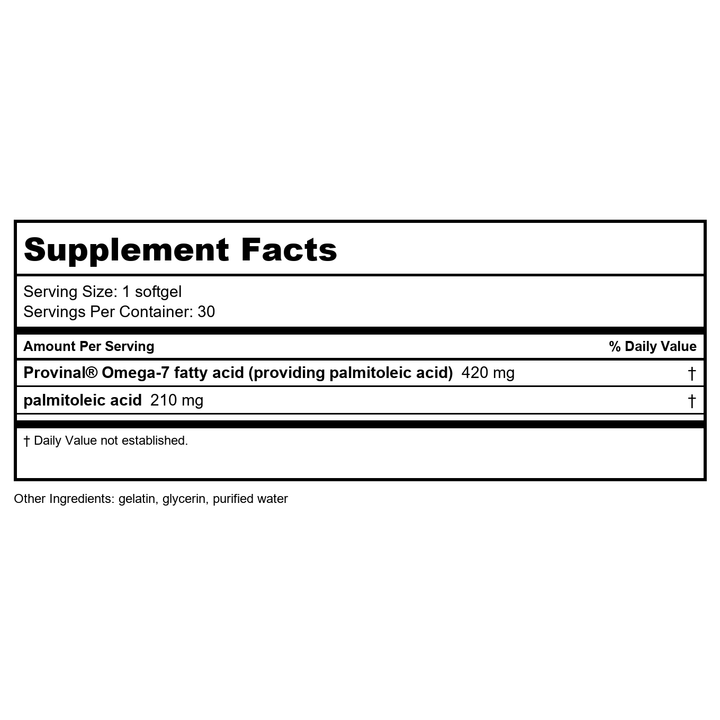 Life Extension Provinal Purified Omega-7, palmitoleic Acid derived from Highly Concentrated Marine Oil, Cholesterol, triglycerides &amp; Heart Health Support, Gluten-Free, Non-GMO, 30 softgels - Supplement Facts panel