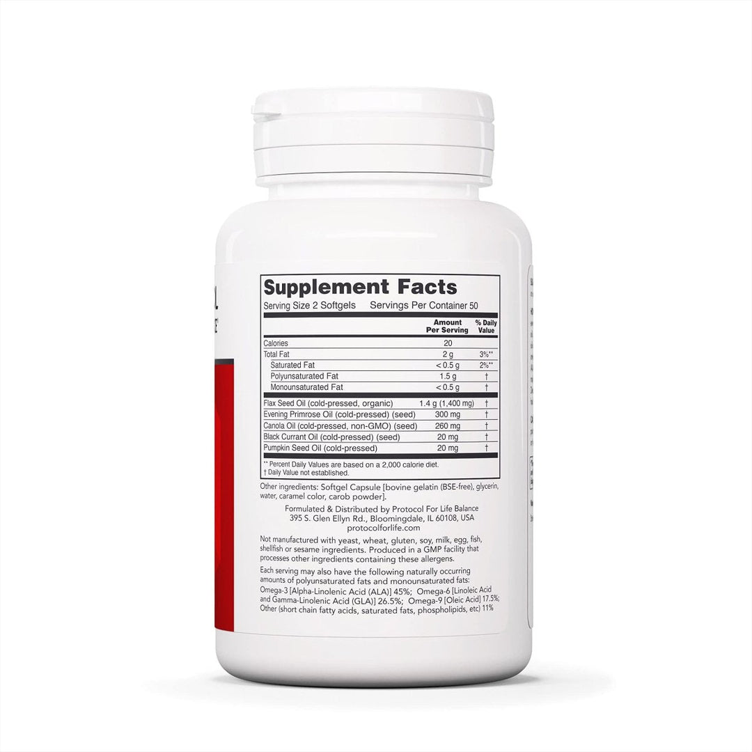 Protocol Omega 3-6-9 Life Balance - 1,000mg - Supports Healthy Skin, Heart &amp; Immune System* - Essential Fatty Acids - Flaxseed Oil, Evening Primrose &amp; More - Dairy &amp; Egg Free - 100 Softgels - Supplement Facts panel