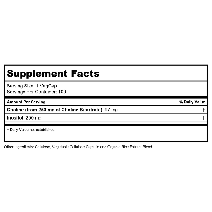 Solaray Choline &amp; Inositol 250 mg | Two-Nutrient Combo for Healthy Fat Metabolism, Brain Function Support | 100 VegCaps - Supplement Facts panel