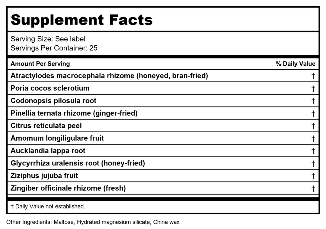 Six Gentlemen Plus Teapills (Xiang Sha Liu Jun Zi Wan), 200 ct, Plum Flower by MayWay - Supplement Facts panel