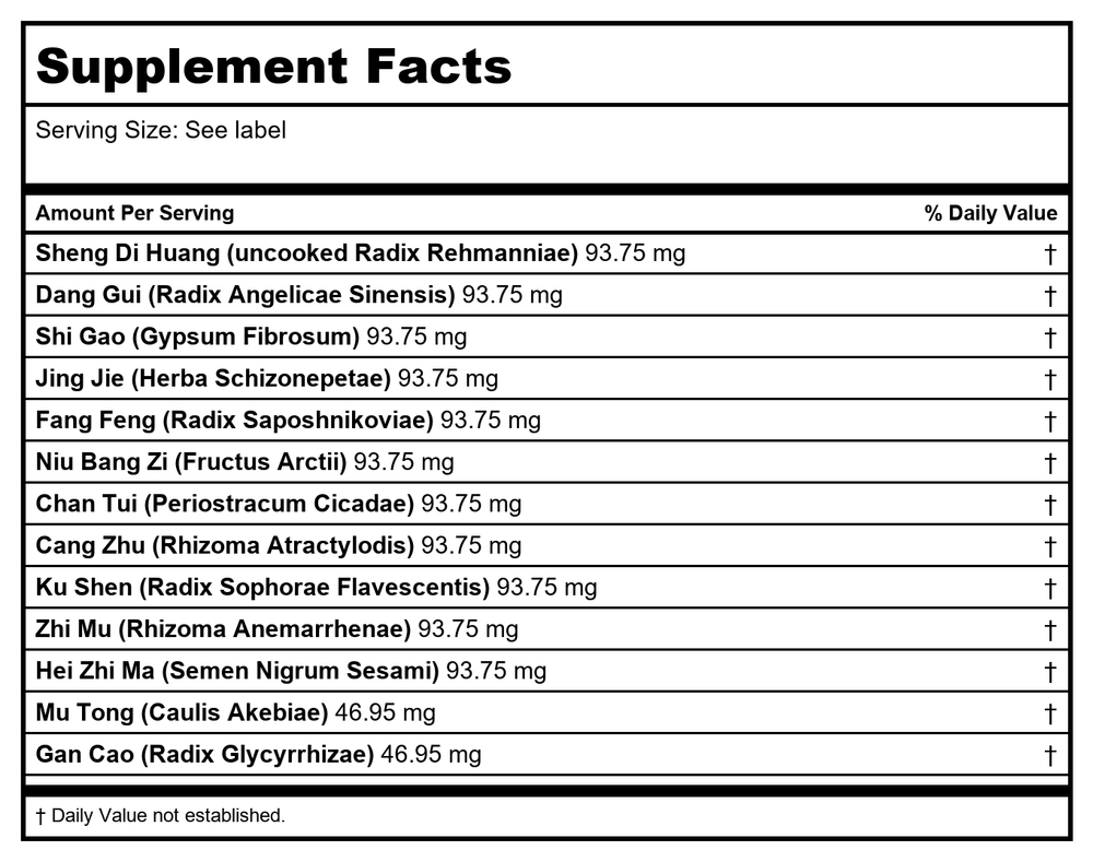 Sun Ten - Xiao Feng San (Tang-kuei and Artium Formula), 100 Capsules - Supplement Facts panel