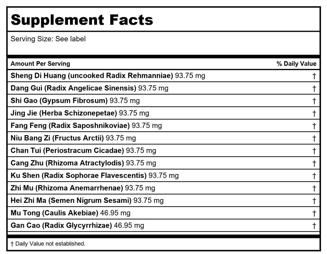 Sun Ten - Xiao Feng San (Tang-kuei and Artium Formula), 100 Capsules - Supplement Facts panel