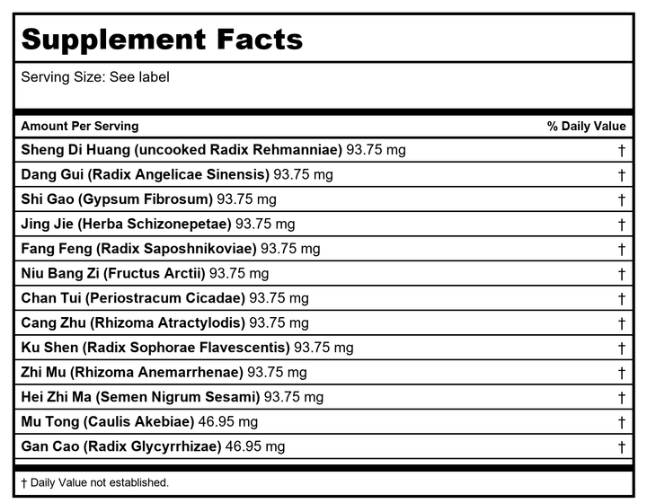 Sun Ten - Xiao Feng San (Tang-kuei and Artium Formula), 100 Capsules - Supplement Facts panel