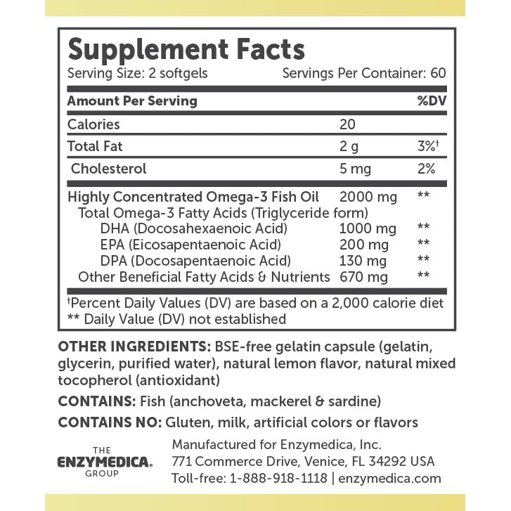Enzymedica Aqua Biome Fish Oil, Maximum Strength, 120 Count - Supplement Facts panel