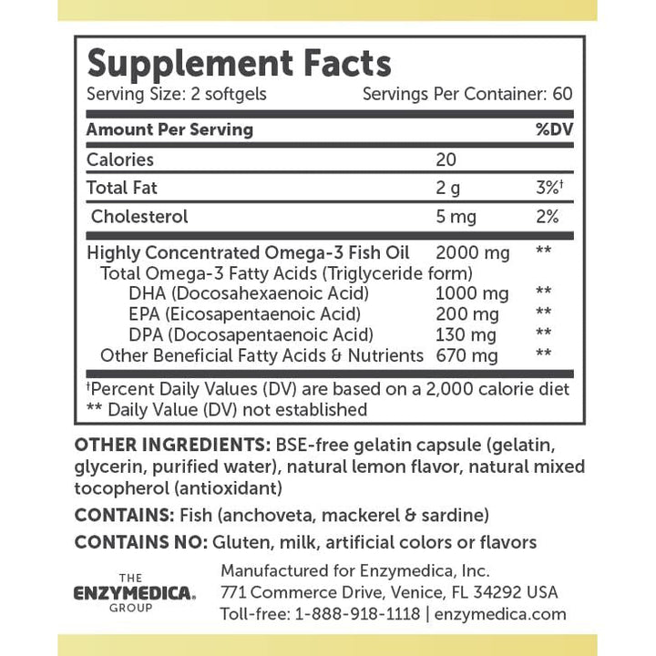 Enzymedica Aqua Biome Fish Oil, Maximum Strength, 120 Count - Supplement Facts panel