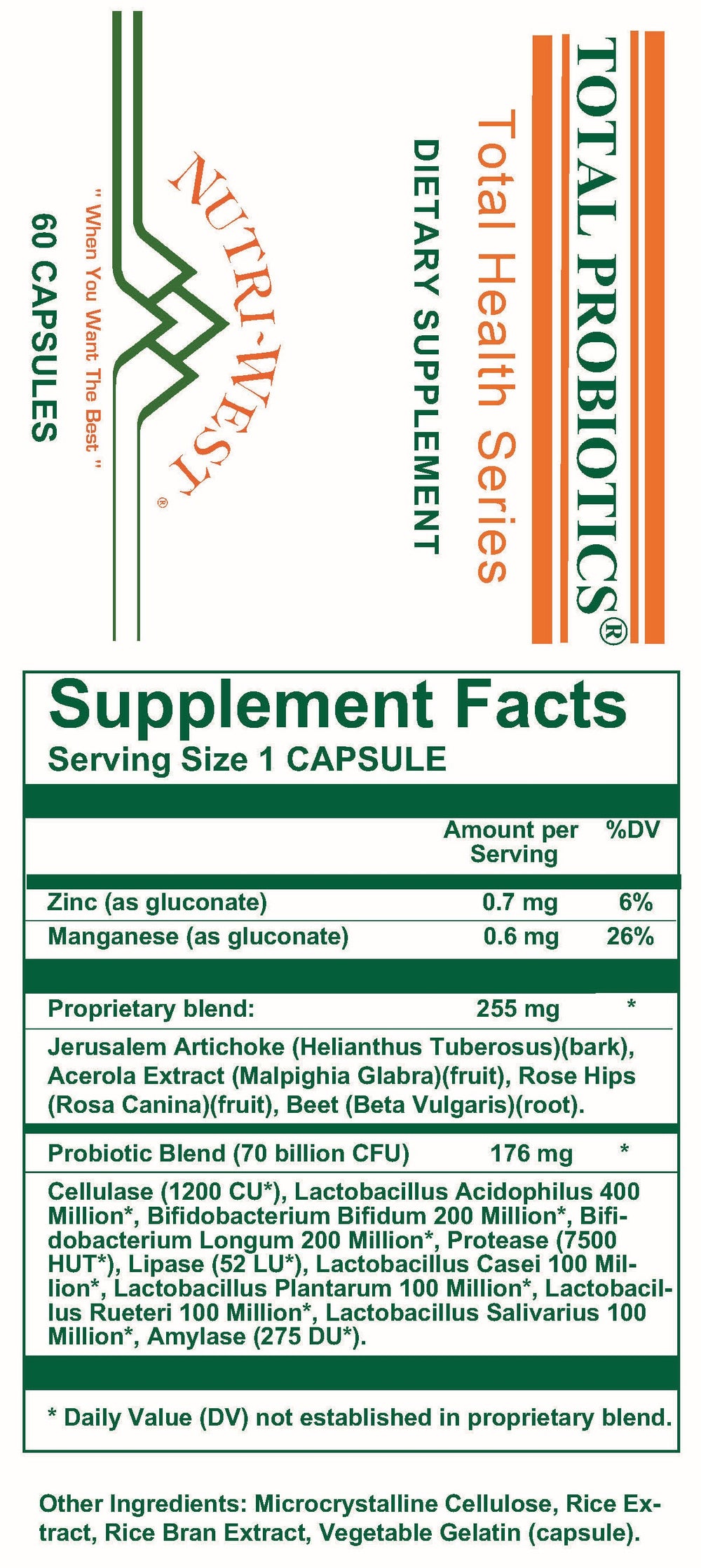 Total Probiotics - 60 Capsules by Nutri West - Supplement Facts panel