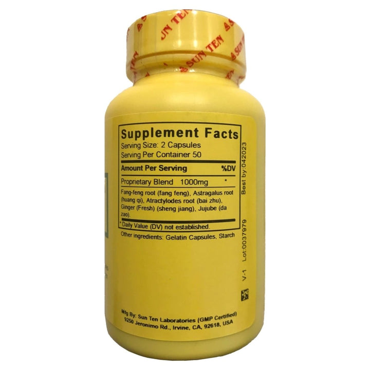 Sun Ten - Siler &amp; Astragalus Formula Capsules/Yu Ping Feng San 100 caps - Supplement Facts panel
