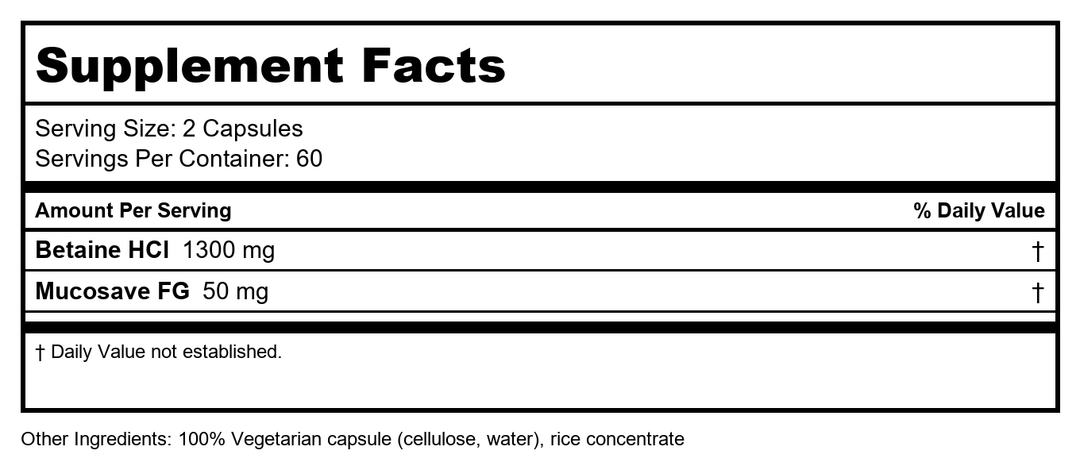 Enzymedica, Betaine HCl, Occasional Heartburn and Indigestion Support, 120 Capsules - Supplement Facts panel