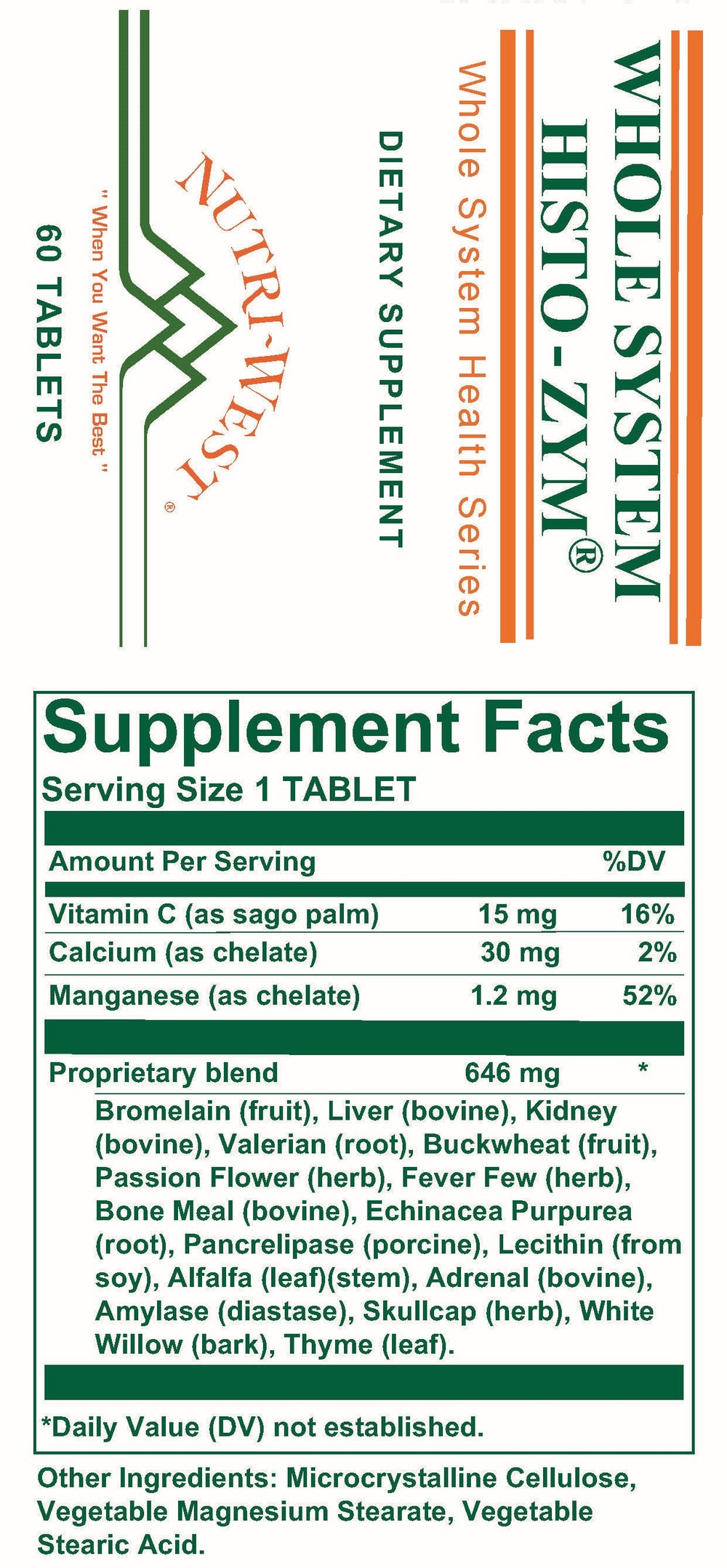 Nutri-West - Whole System HISTO-ZYM- 60 by Nutri-West - Supplement Facts panel