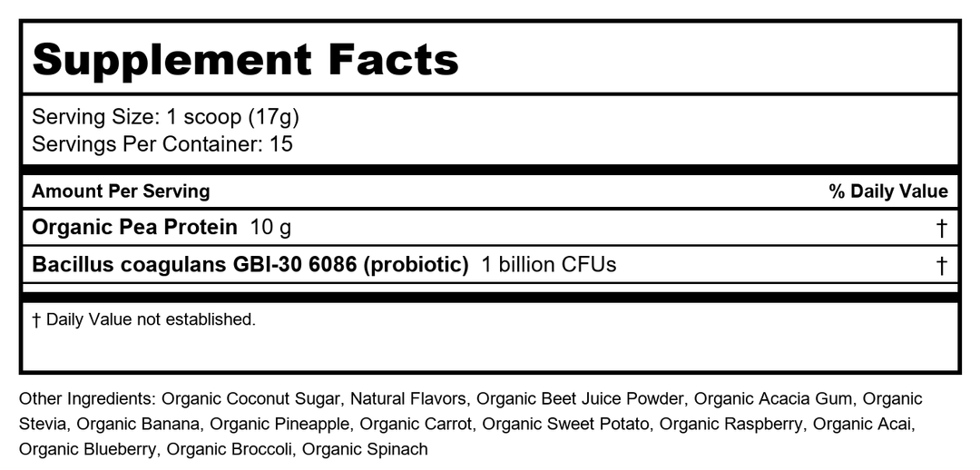 Amazing Grass Kidz Superfood: Vegan Protein &amp; Probiotics for Kids with Beet Root Powder &amp; 1/2 Cup of Leafy Greens, Strawberry Blast, 15 Servings - Supplement Facts panel