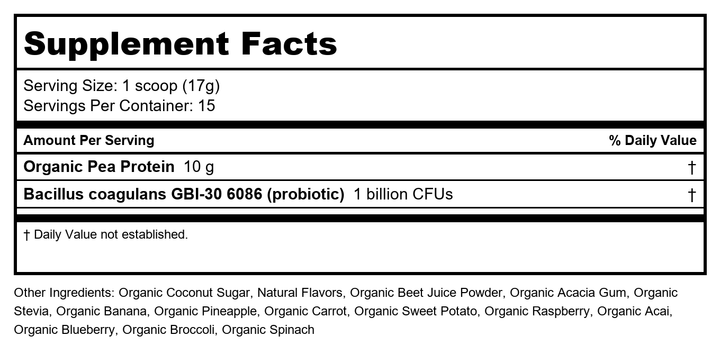 Amazing Grass Kidz Superfood: Vegan Protein &amp; Probiotics for Kids with Beet Root Powder &amp; 1/2 Cup of Leafy Greens, Strawberry Blast, 15 Servings - Supplement Facts panel