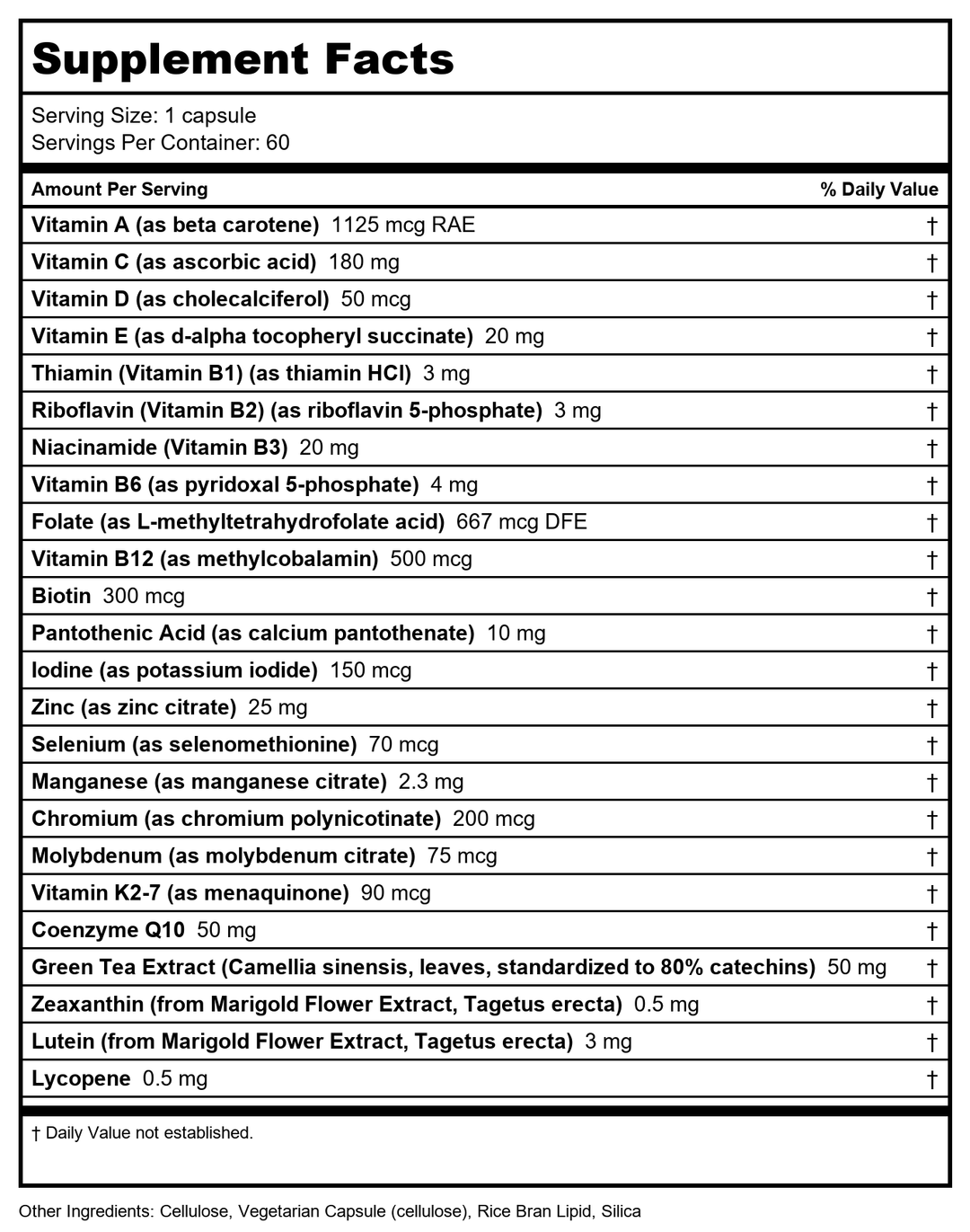 Vital Nutrients Once Daily Multivitamin | Vegan Multi for Women &amp; Men | Allergen-Free | 19 Essential Vitamins + Antioxidants for Eye and Heart Health | Gluten, Dairy &amp; Soy-Free | 60 Capsules - Supplement Facts panel
