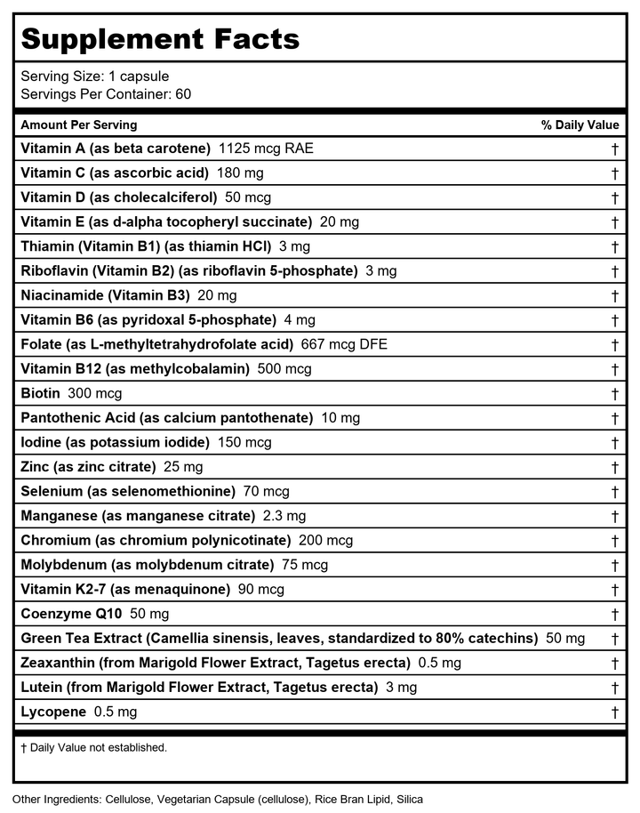 Vital Nutrients Once Daily Multivitamin | Vegan Multi for Women &amp; Men | Allergen-Free | 19 Essential Vitamins + Antioxidants for Eye and Heart Health | Gluten, Dairy &amp; Soy-Free | 60 Capsules - Supplement Facts panel