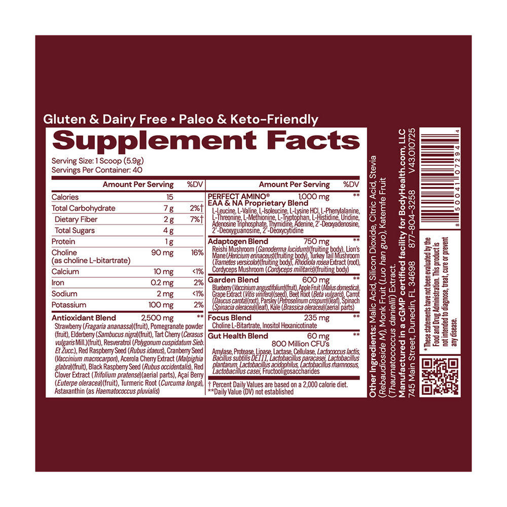BodyHealth Perfect Reds (30 SVG) Superfood Berry Powder Antioxidant Drink, Fruit Powder Mix for Smoothies with Fruit, Vegetables, Superfoods, Phytonutrients, Fiber, and PerfectAmino Protein - Supplement Facts panel