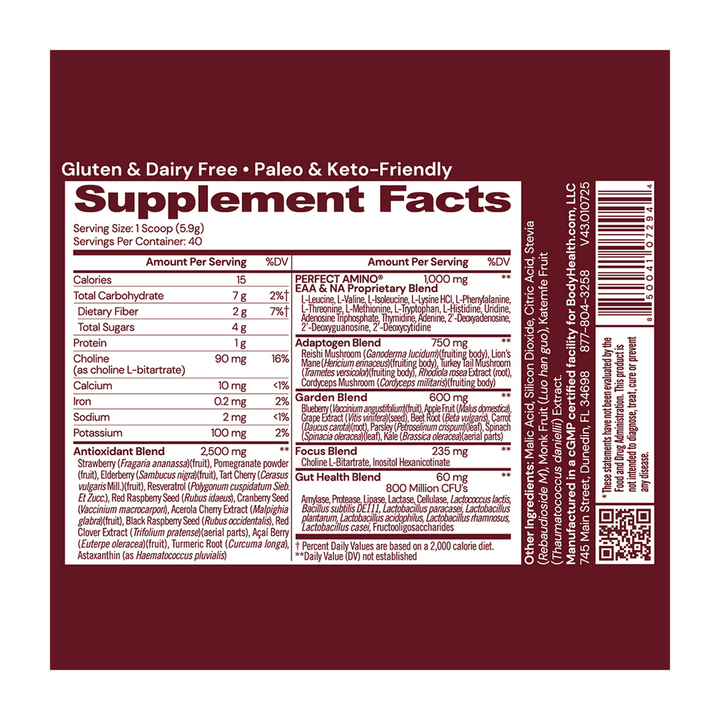 BodyHealth Perfect Reds (30 SVG) Superfood Berry Powder Antioxidant Drink, Fruit Powder Mix for Smoothies with Fruit, Vegetables, Superfoods, Phytonutrients, Fiber, and PerfectAmino Protein - Supplement Facts panel