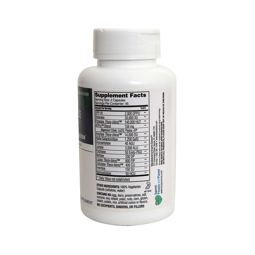 Enzyme Science Intolerance Complex, 90 Capsules Comprehensive Support for Common Digestive Sensitivities Gluten, Casein, Phenol Sensitivities, and Complex Carbohydrates Intolerance Relief - Supplement Facts panel
