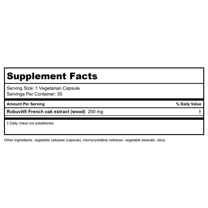 Life Extension Energy Renew, French Oak Extract, Combat General Fatigue &amp; Maintain Energy Levels, Non-GMO, Gluten-Free, Vegetarian, 30 Capsules - Supplement Facts panel