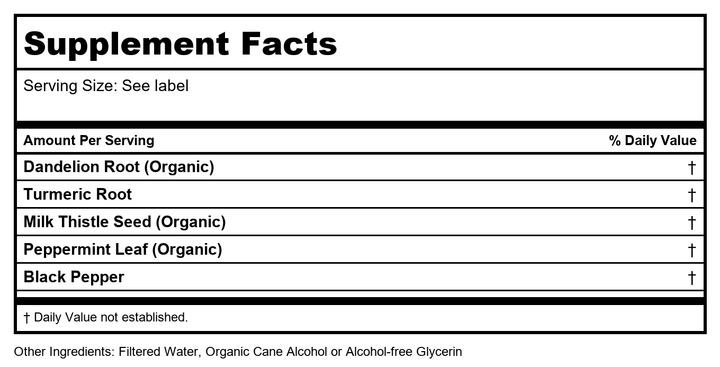 Earthley Wellness Liver Love, Herbal Tincture, Natural Liver Support, Detox Support, Turmeric Root, Dandelion Root, Peppermint Leaf, Black Pepper, 100% Organic, 2oz (Regular) - Supplement Facts panel