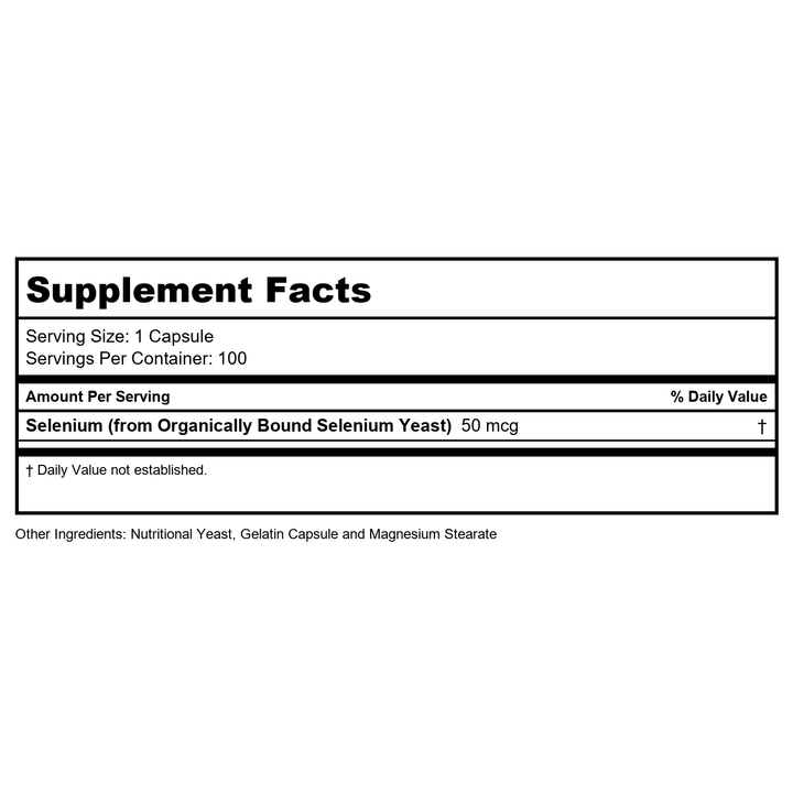 Solaray Selenium 50 mcg, Healthy Immune System, Thyroid Function &amp; Antioxidant Support, 100 Capsules - Supplement Facts panel
