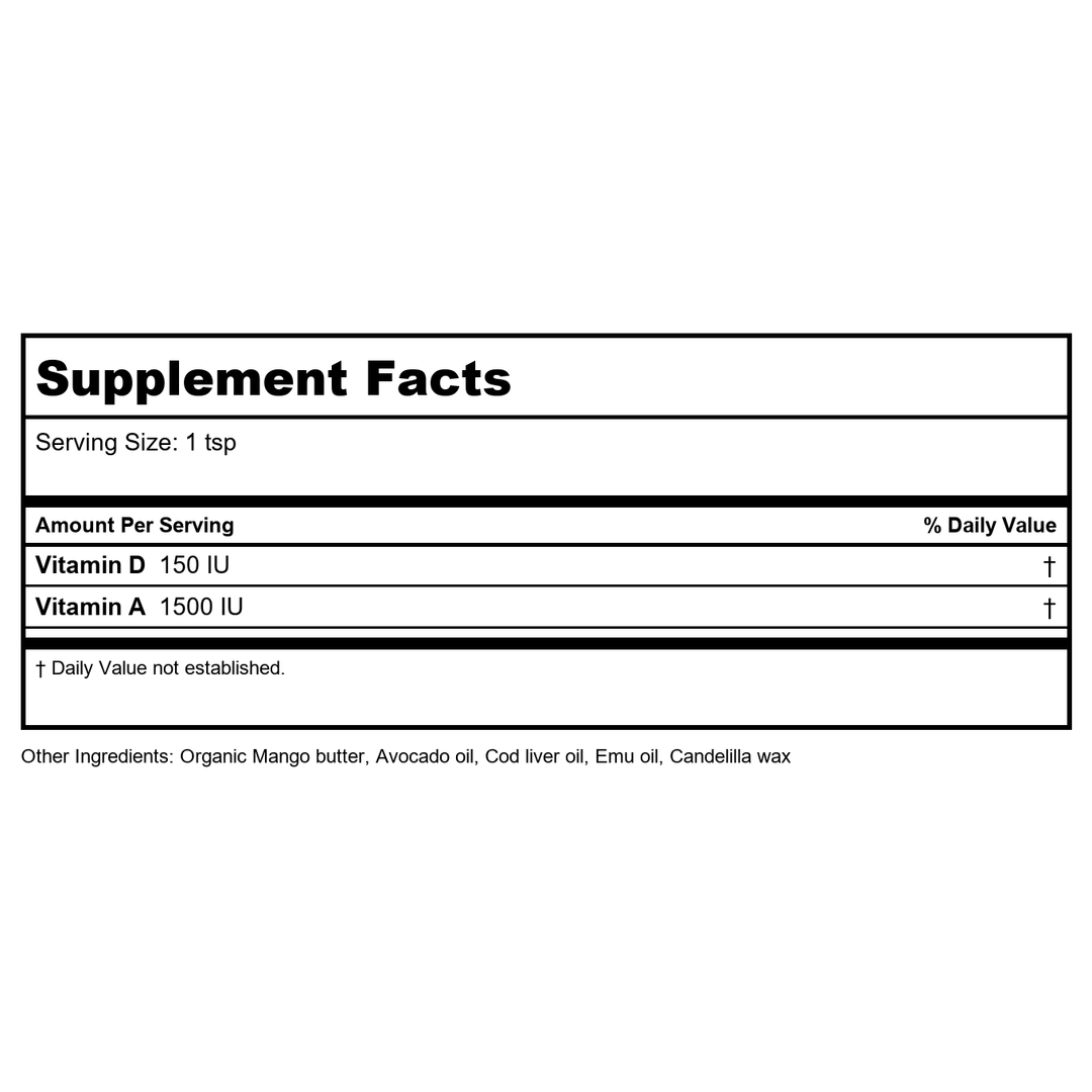 Earthley Vitamin D Cream, Cod Liver Oil, Emu Oil, Organic Mango Butter, Avocado Oil Blend, Paraben-Free, Sulphate-Free, Fragrance-Free (4 oz, Vitamin D Cream) - Supplement Facts panel