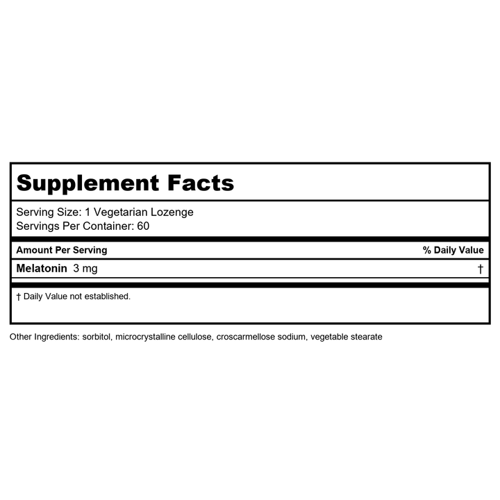 Life Extension Melatonin, 3 mg, Optimal Sleep Support, Healthy circadian Rhythms, Cellular Defense, Gluten-Free, Non-GMO, Vegetarian, 60 chewable lozenges - Supplement Facts panel