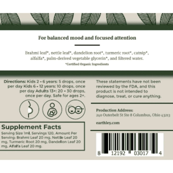 Earthley Wellness, Calm and Clarity (2oz) - Supplement Facts panel