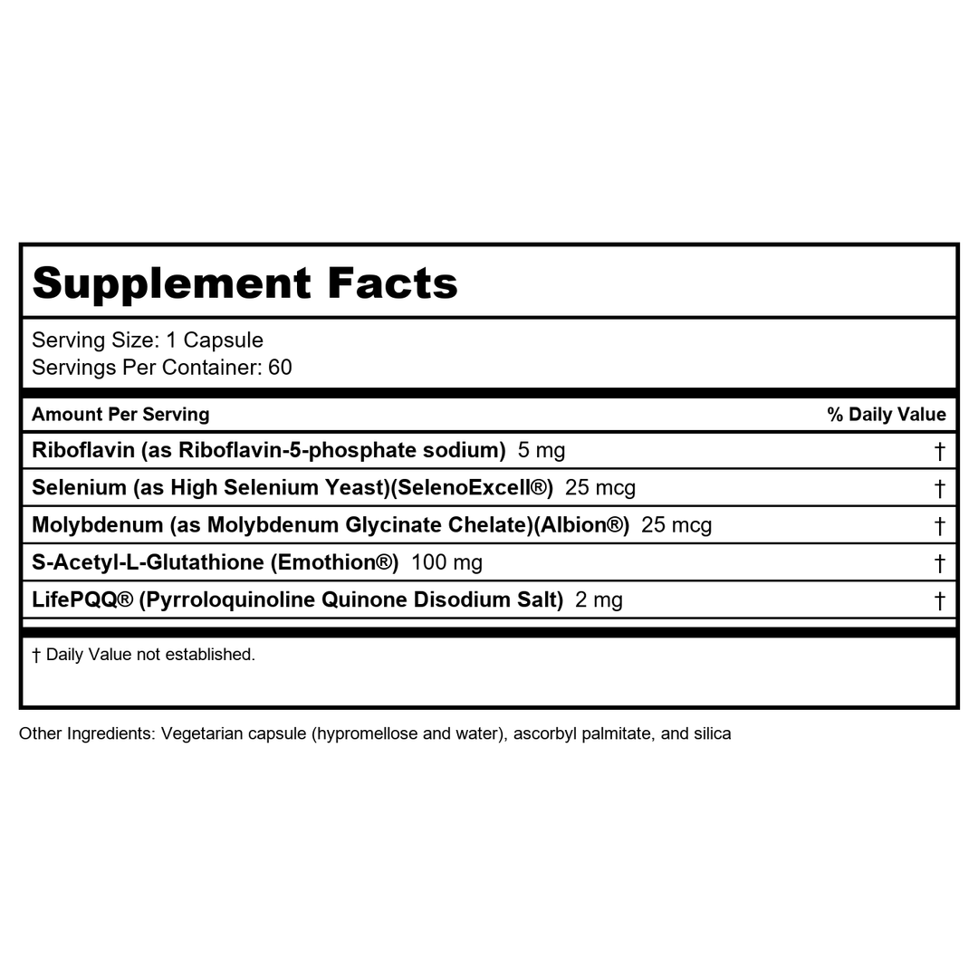 Seeking Health Optimal Glutathione Plus, 100 mg S-acetyl-L Glutathione with Cofactors, Immune and Detoxification Support, Liver Health, Antioxidant and Free Radical Support, Vegetarian (60 capsules) - Supplement Facts panel
