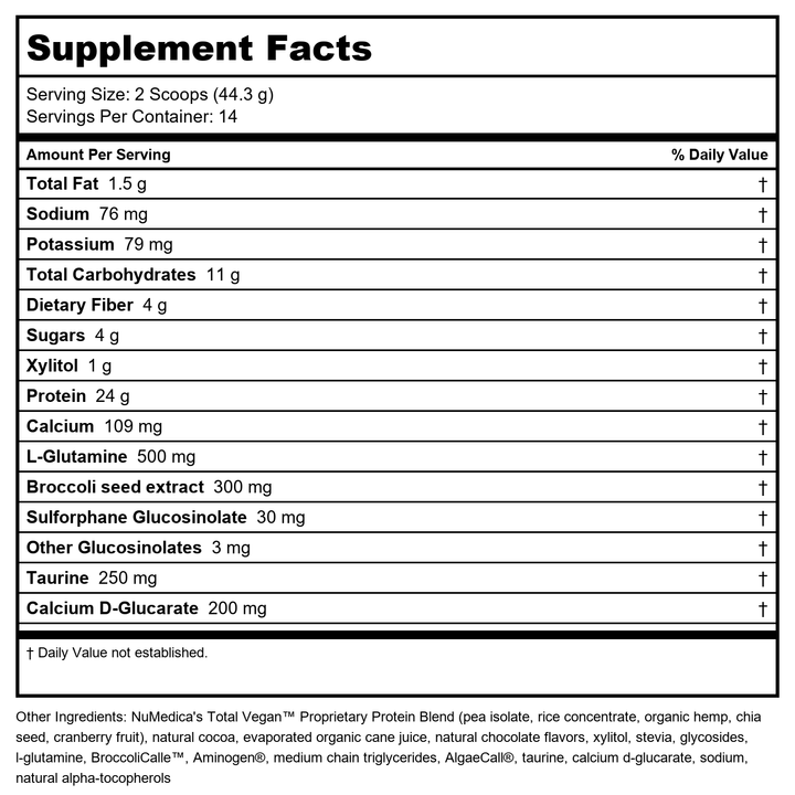 NuMedica - Total Vegan Chocolate Delight 21.86 Ounce - 14 Servings - Supplement Facts panel