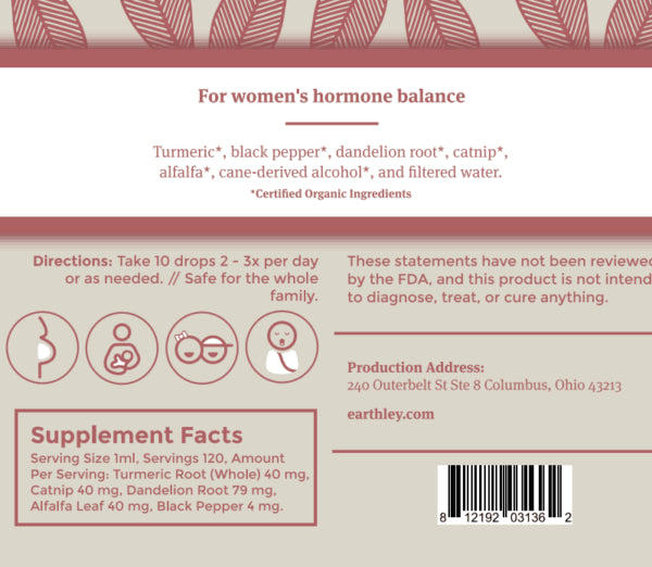 Earthley Wellness Postpartum Balance, Supports and Balances Female Hormones, Supports Postpartum Recovery, Smooths Out Mood Swings (2oz) - Supplement Facts panel