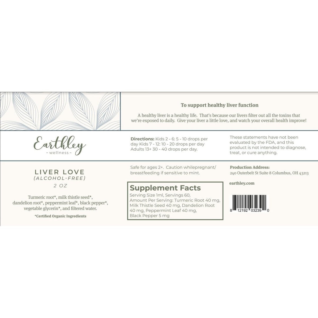 Earthley Wellness Liver Love, Herbal Tincture, Natural Liver Support, Detox Support, Turmeric Root, Dandelion Root, Peppermint Leaf, Black Pepper, 100% Organic, 2oz (Alcohol-Free) - Supplement Facts panel
