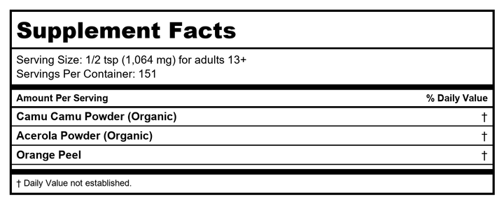 Earthley Wellness Immune-Aid, Natural Vitamin C Powder, Camu Camu, Acerola, Orange Peel, Boost Immune Health, Skin Health (4 oz) - Supplement Facts panel