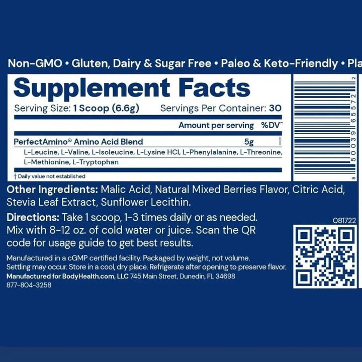 BodyHealth PerfectAmino Powder Mixed Berry 30 Servings 198 Grams - - Supplement Facts panel