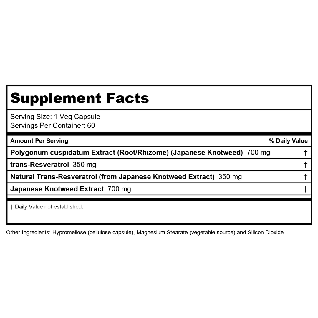 NOW Foods Supplements, Extra Strength Resveratrol 350mg, Natural Trans Resveratrol from 700 mg Japanese Knotweed Extract, 60 Veg Capsule - Supplement Facts panel