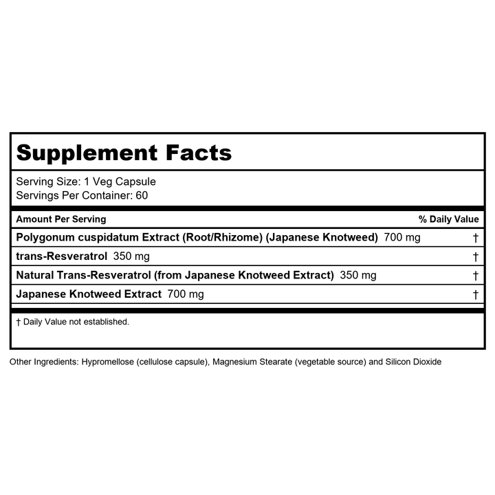 NOW Foods Supplements, Extra Strength Resveratrol 350mg, Natural Trans Resveratrol from 700 mg Japanese Knotweed Extract, 60 Veg Capsule - Supplement Facts panel