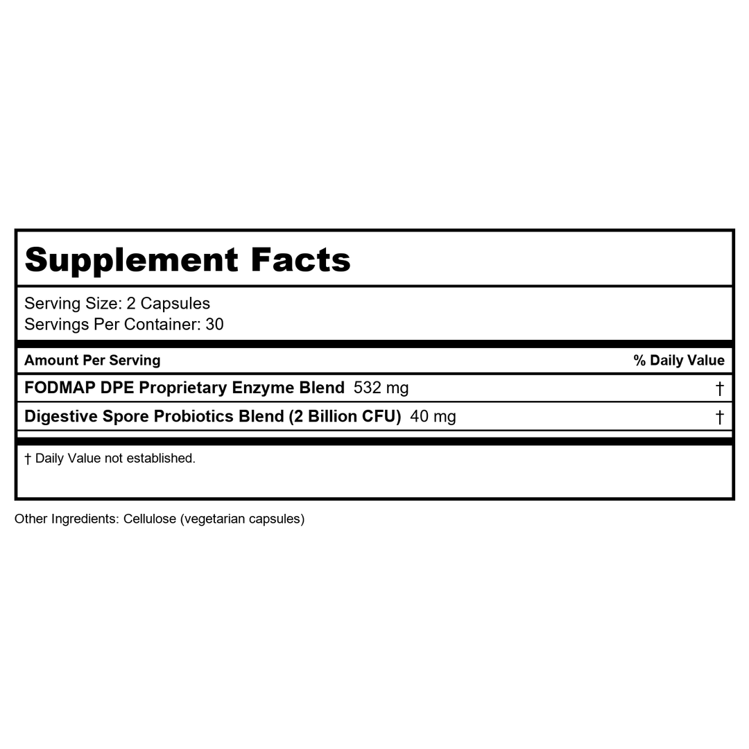 Arthur Andrew Medical - FODMAP DPE, Digestive Probiotics and Enzymes, Relief for FODMAP Intolerance and Highly Fermentable Foods, Vegan, Non-GMO, 60 Capsules - Supplement Facts panel