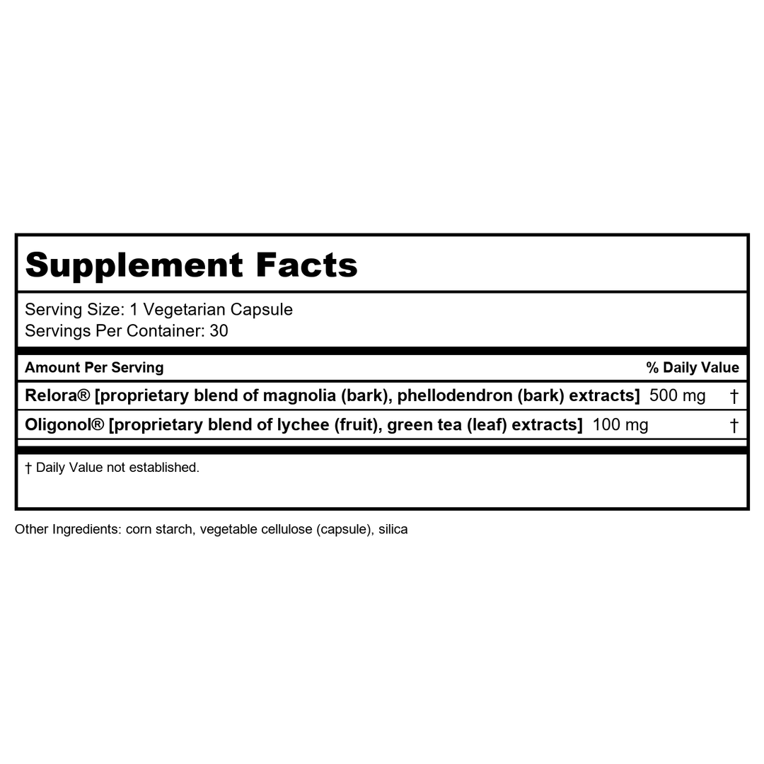 Life Extension Cortisol-Stress Balance, Relora? Magnolia bark, Green Tea, Lychee Extract, Manage Stress, Maintain Healthy cortisol Levels, Gluten Free, Non-GMO, Vegetarian, 1-Daily, 30 Capsules - Supplement Facts panel