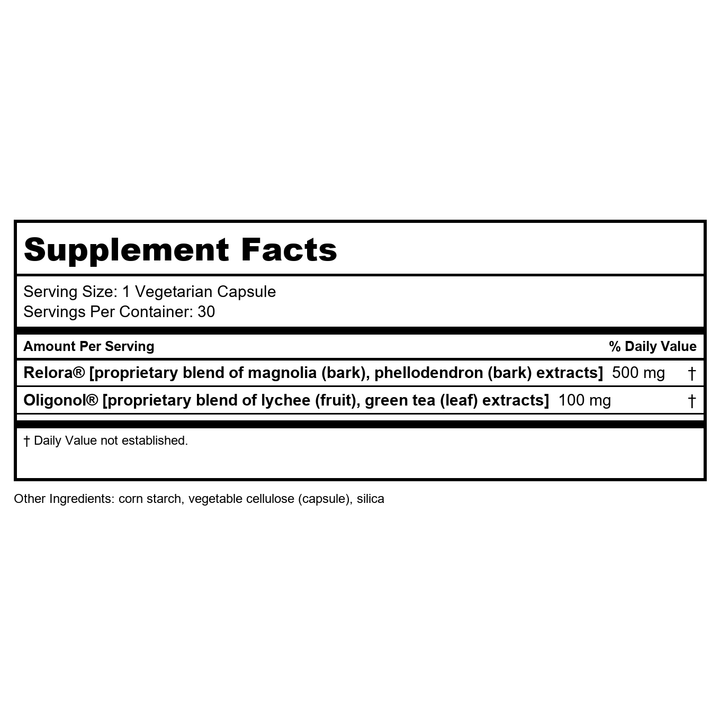 Life Extension Cortisol-Stress Balance, Relora? Magnolia bark, Green Tea, Lychee Extract, Manage Stress, Maintain Healthy cortisol Levels, Gluten Free, Non-GMO, Vegetarian, 1-Daily, 30 Capsules - Supplement Facts panel
