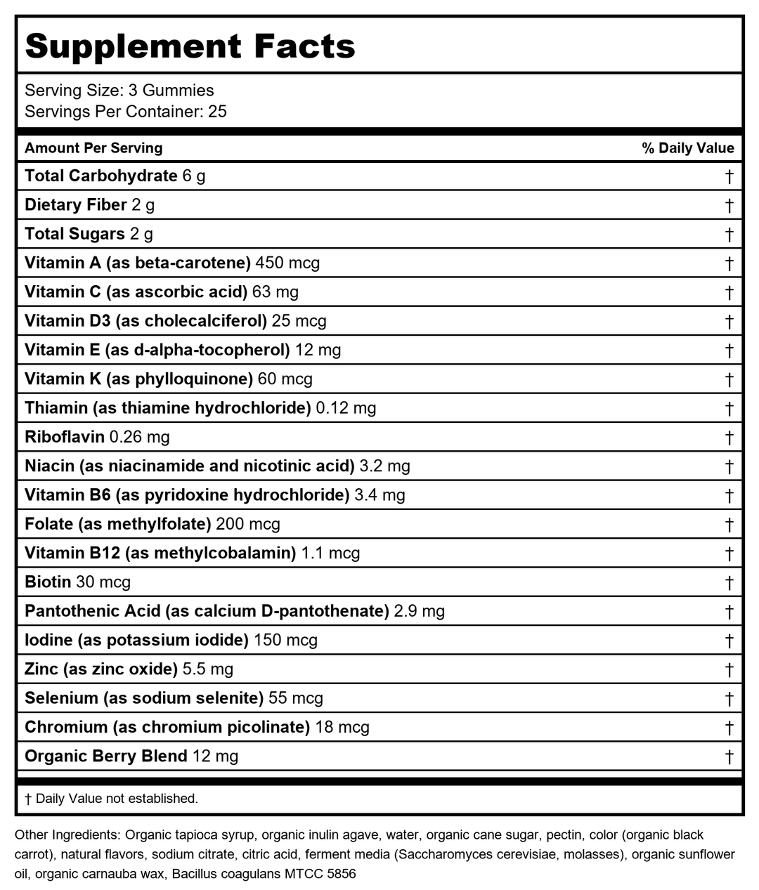 New Chapter Men’s Multivitamin Gummies, 66% Less Sugar, Men’s Gummy Vitamins with Vitamin C, D3 &amp; Zinc, Non-GMO, Gluten Free, Berry-Citrus, 75ct - Supplement Facts panel