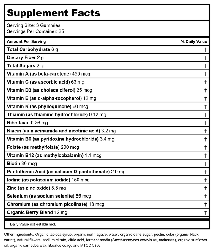 New Chapter Men’s Multivitamin Gummies, 66% Less Sugar, Men’s Gummy Vitamins with Vitamin C, D3 &amp; Zinc, Non-GMO, Gluten Free, Berry-Citrus, 75ct - Supplement Facts panel