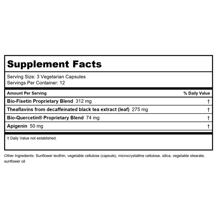 Life Extension Senolytic Activator?, healthy aging, cellular health support, bioavailable quercetin and fisetin, apigenin, black tea theaflavins, gluten free, non-GMO, vegetarian, 36 capsules - Supplement Facts panel