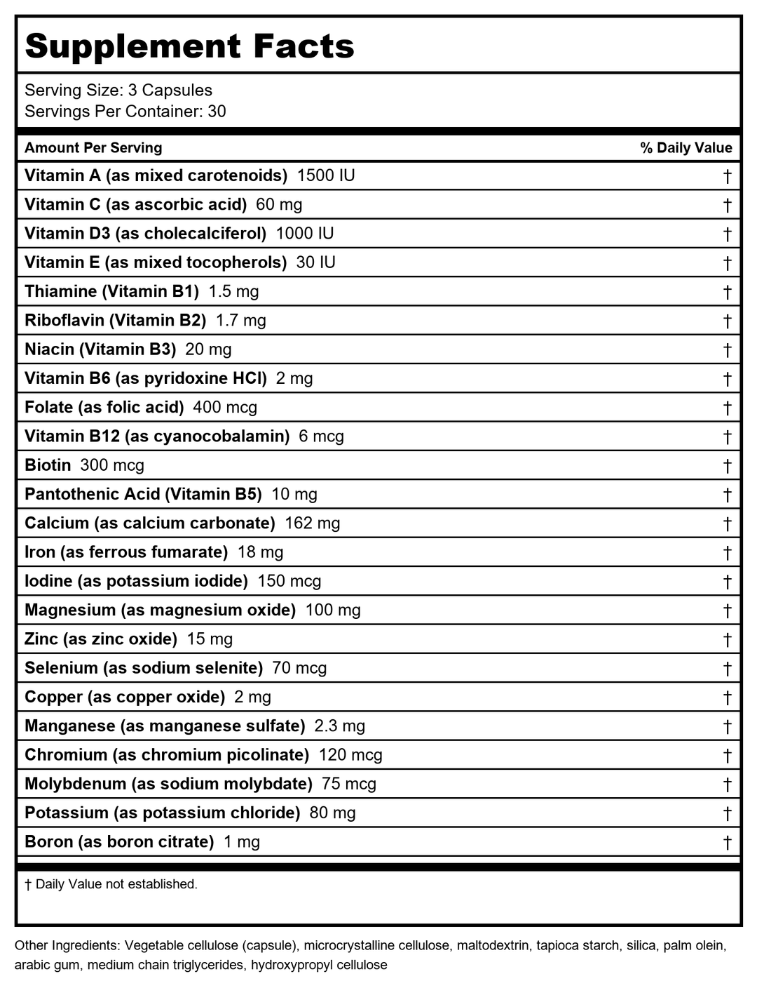 Life Extension Whole Food Multivitamin, Plant-derived Vitamin D3, A, B, C &amp; E, Plus Minerals, Plant extracts, Stay Healthy from Head to Toe, Gluten-Free, Non-GMO, Vegetarian, 90 Capsules - Supplement Facts panel