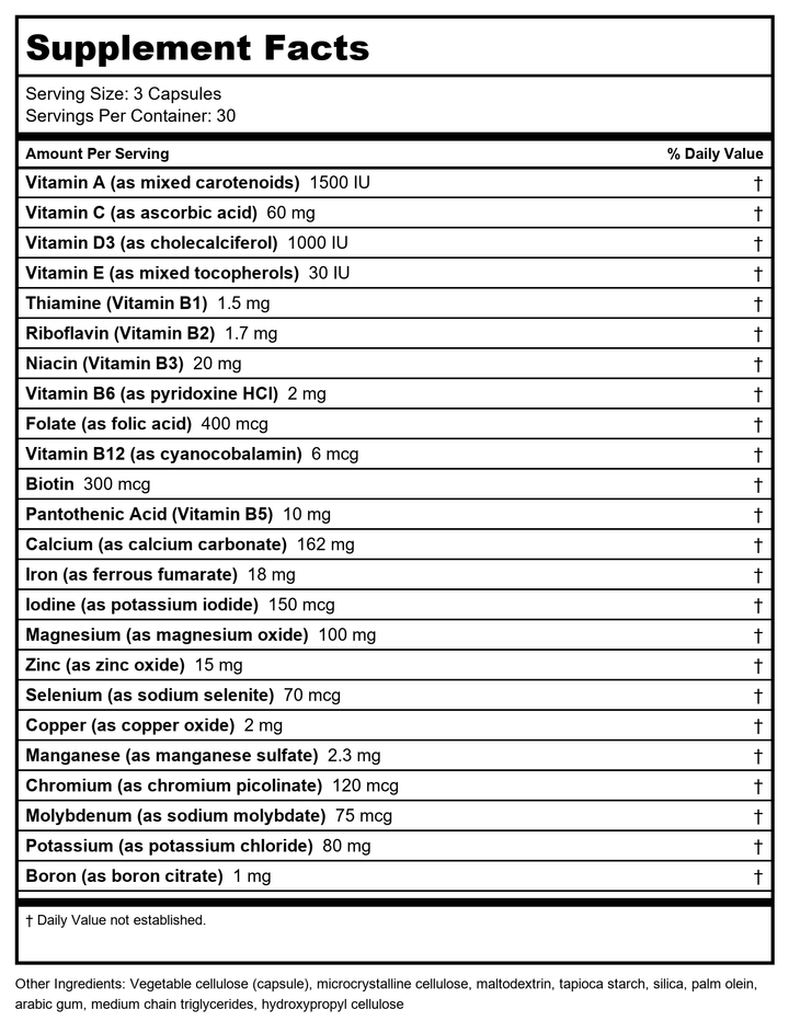 Life Extension Whole Food Multivitamin, Plant-derived Vitamin D3, A, B, C &amp; E, Plus Minerals, Plant extracts, Stay Healthy from Head to Toe, Gluten-Free, Non-GMO, Vegetarian, 90 Capsules - Supplement Facts panel