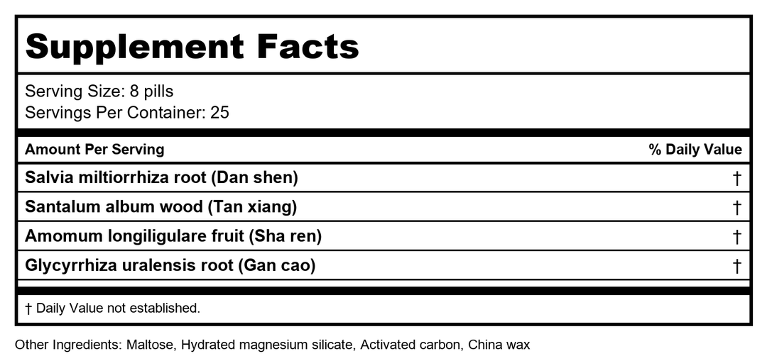 Salvia Teapills (Dan Shen Yin Wan), 200 ct, Plum Flower by MayWay - Supplement Facts panel