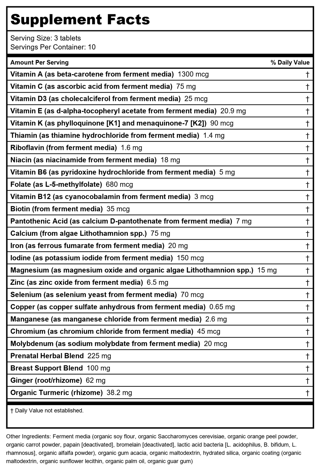 New Chapter Prenatal Vitamins, One Daily Prenatal Multivitamin Enhanced for Age 35+ with Methylfolate + Choline for Healthy Mom &amp; Baby, Gluten Free &amp; Non-GMO- 30 ct - Supplement Facts panel
