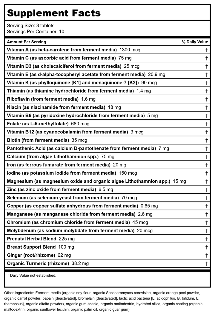 New Chapter Prenatal Vitamins, One Daily Prenatal Multivitamin Enhanced for Age 35+ with Methylfolate + Choline for Healthy Mom &amp; Baby, Gluten Free &amp; Non-GMO- 30 ct - Supplement Facts panel