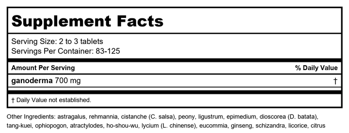 Ganoderma 18 250 Tablets - Supplement Facts panel
